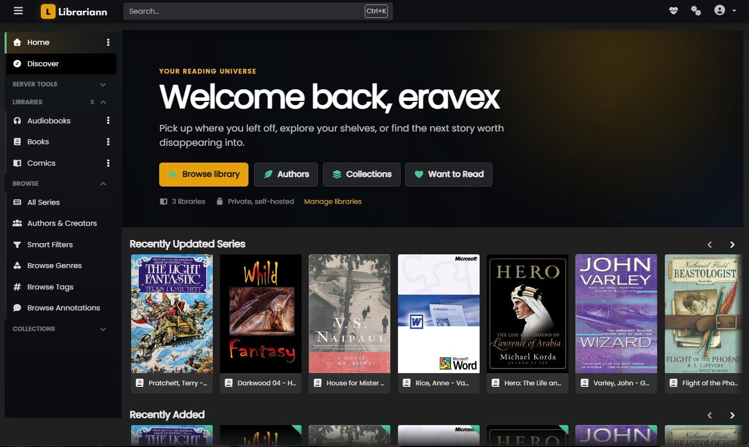 Librariann's home view: sidebar expanded, a Continue reading row, and a shelf of book covers below.