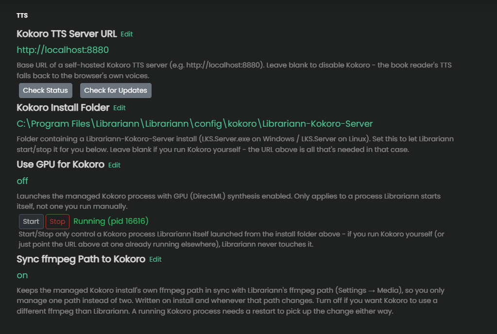 Librariann's TTS settings with the Kokoro voice server install running.