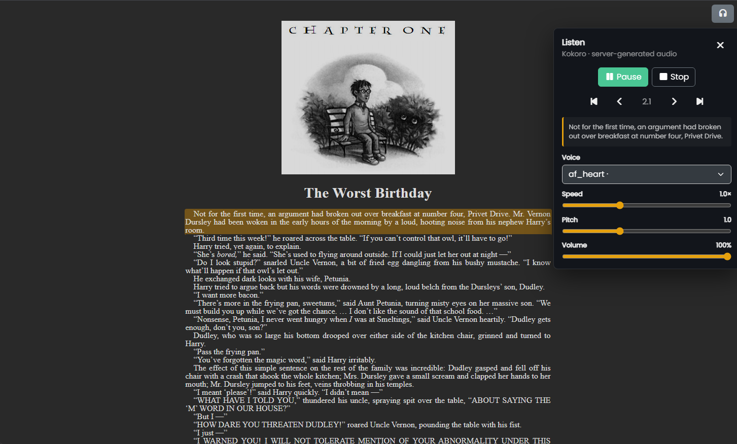 The epub reader with the text-to-speech bar open and the sentence being spoken highlighted in the page.