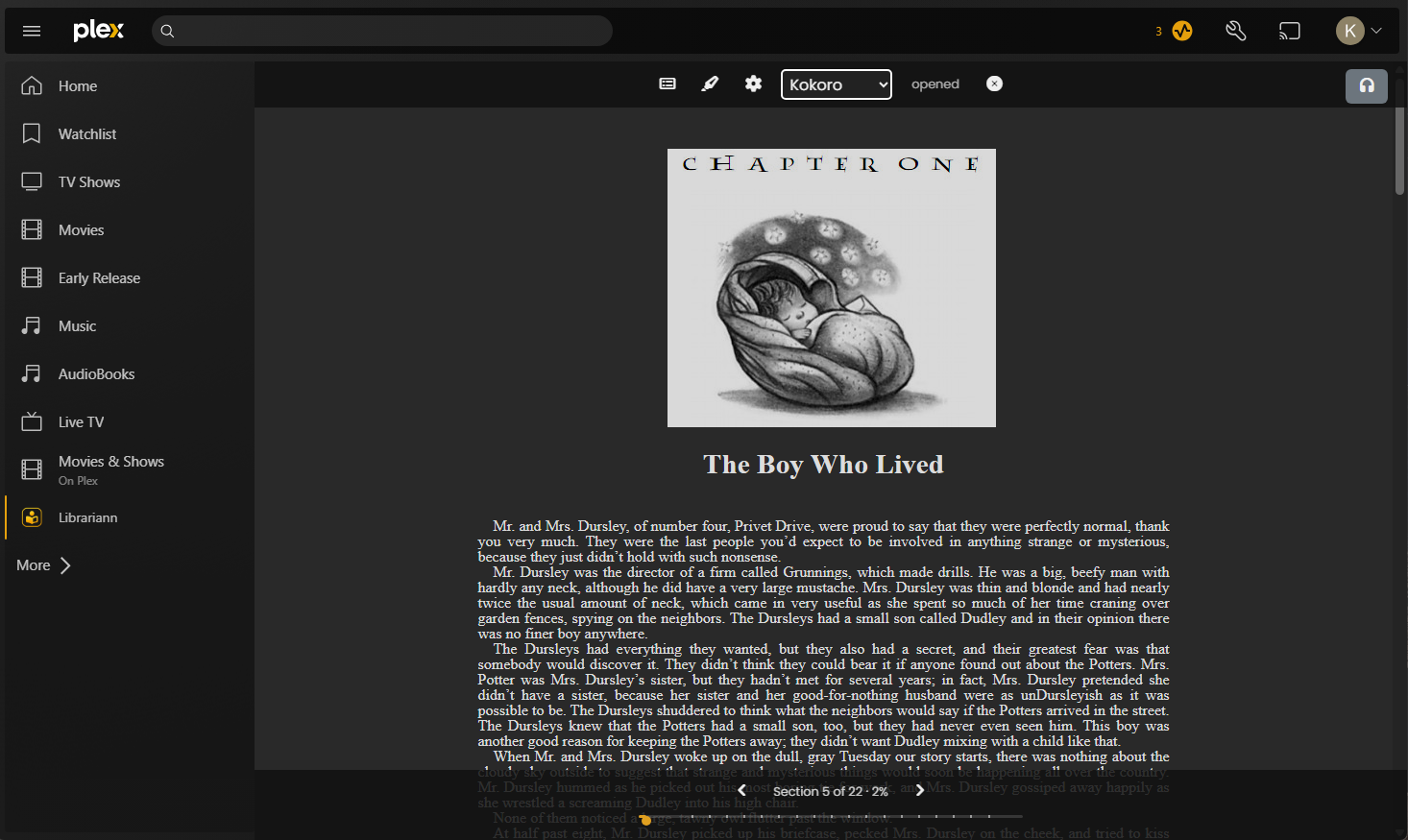 Plex Web with Librariann active in the sidebar and the library rendered in the content pane beside it.