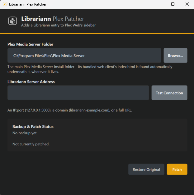 The Librariann Plex Patcher desktop app with the Plex folder and server address filled in and the connection test passing.